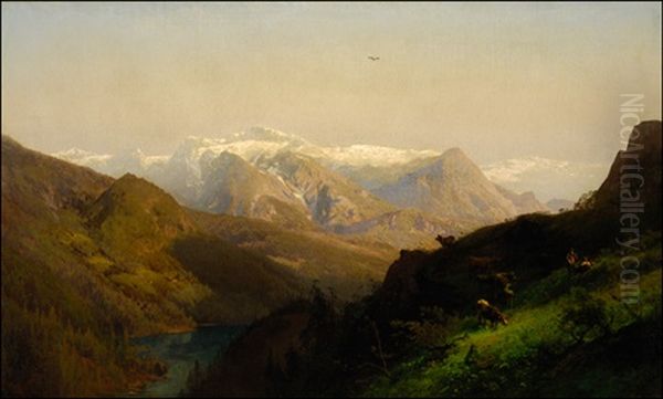 Mountain Landscape With Cattle Oil Painting by Hermann Herzog