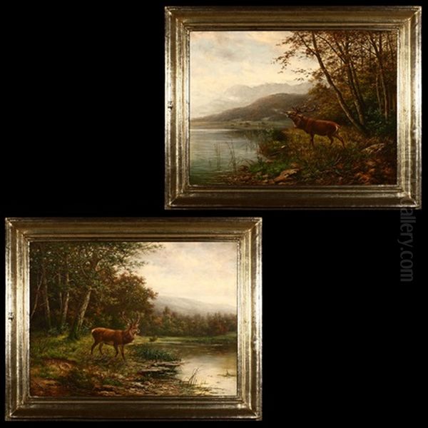 A Stag Near A Lake (+ A Stag Near A Lake; 2 Works) Oil Painting by Hermann Herzog