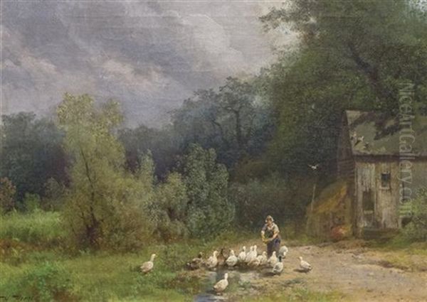 Feeding The Geese Oil Painting by Hermann Herzog