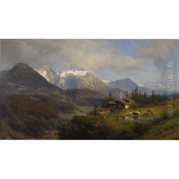 An Alpine Village Oil Painting by Hermann Herzog