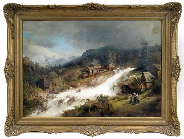 Gebirgslandschaft Mit Muhlen An Einem Wasserfall Oil Painting by Hermann Herzog