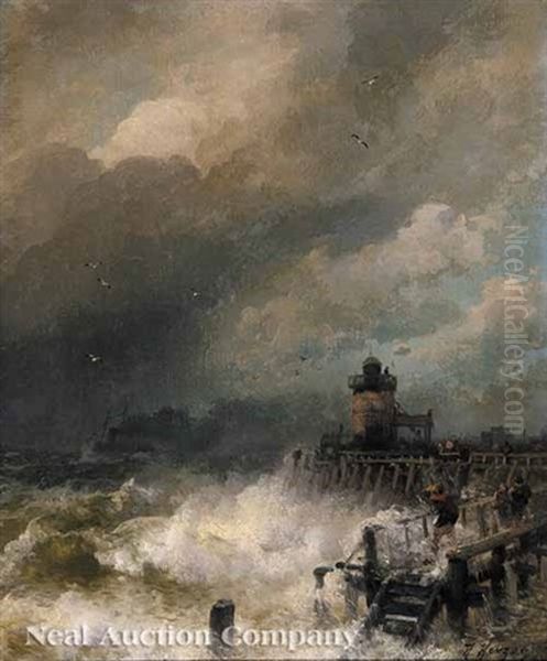 Stormy Day At A Lighthouse On The Belgian Coast Oil Painting by Hermann Herzog