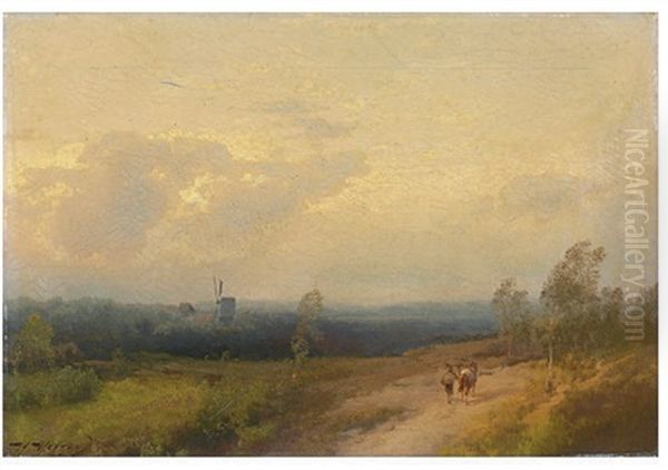 A Panoramic View Of A Landscape With A Windmill Oil Painting by Hermann Herzog