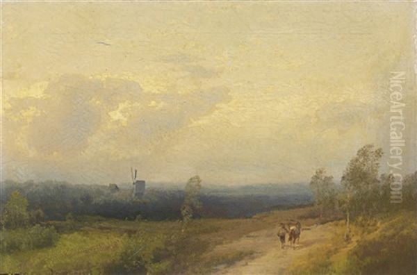 A Panoramic View Of A Landscape With A Windmill Oil Painting by Hermann Herzog