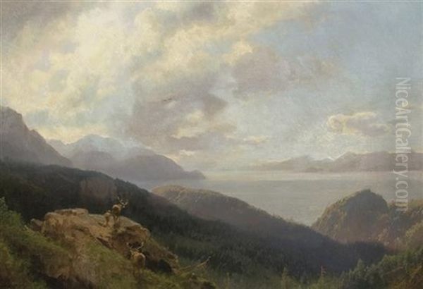 Elk Overlooking A River Oil Painting by Hermann Herzog