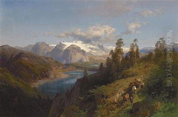 Herding By The River Oil Painting by Hermann Herzog