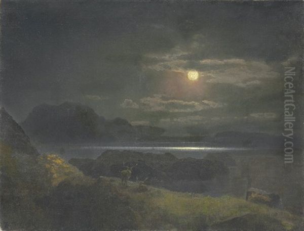 Elk In Moonlight Oil Painting by Hermann Herzog