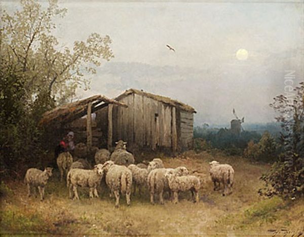 Waiting For The Shepard Oil Painting by Hermann Herzog