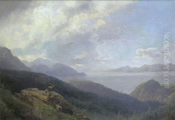 Landscape With Elk And Eagle Oil Painting by Hermann Herzog