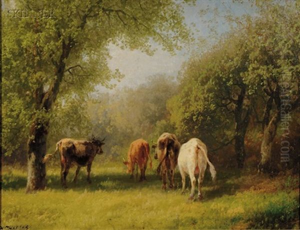 Cows Grazing Oil Painting by Hermann Herzog