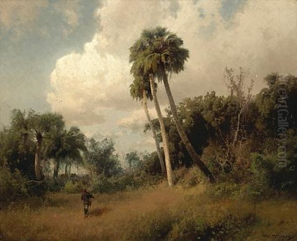 A Hunter Among Windswept Palms And Passing Clouds Oil Painting by Hermann Herzog