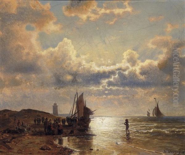 Abend An Der Kuste. Am Strand Fischer Bei Ihren Booten Oil Painting by Hermann Herzog