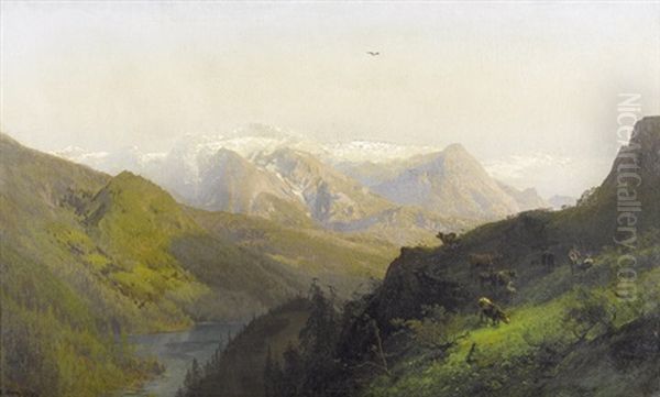 Sommerliche Gebirgslandschaft Mit Figurenstaffage Oil Painting by Hermann Herzog