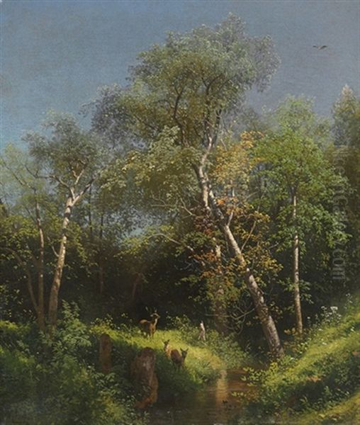 Deer In The Wild Woods Oil Painting by Hermann Herzog