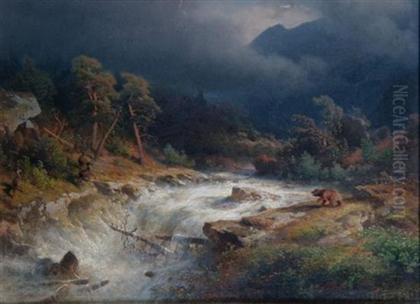 Rocky Mountain Landscape With Deer Frightened By A Bear Oil Painting by Hermann Herzog