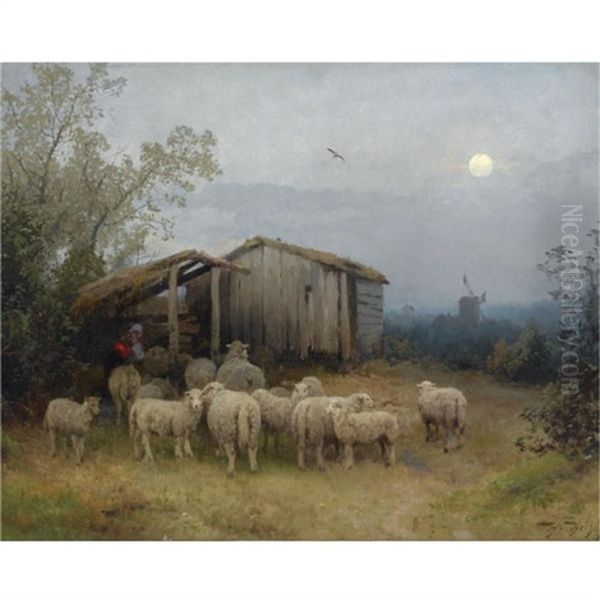 A Shepherd And His Flock By A Shed Oil Painting by Hermann Herzog