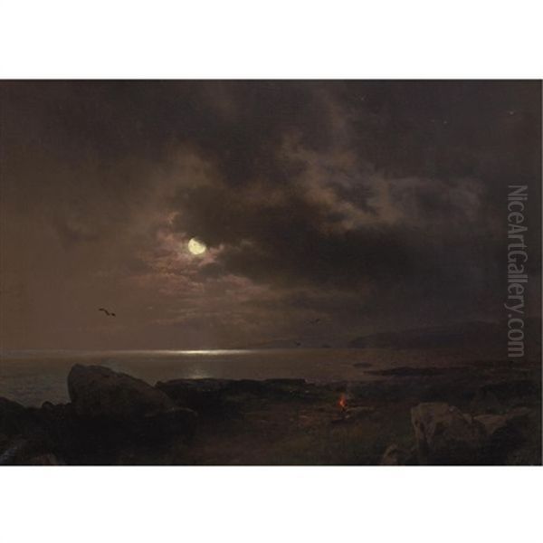 A Bonfire In The Moonlight Oil Painting by Hermann Herzog