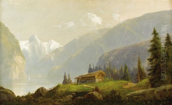 Alpine Landscape Mountain Hut Oil Painting by Hermann Herzog