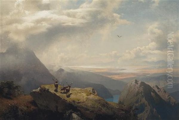 Extensive Vista With Elk Oil Painting by Hermann Herzog