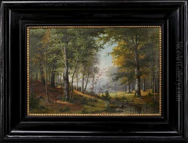 A Woodland Interior With Deer On The Riverbank Oil Painting by Hermann Herzog