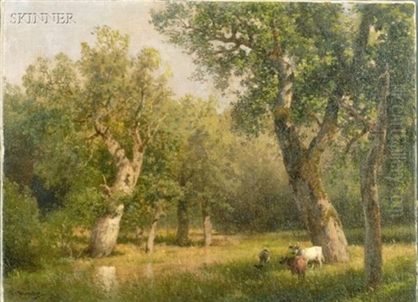 Cows Amidst Trees Oil Painting by Hermann Herzog