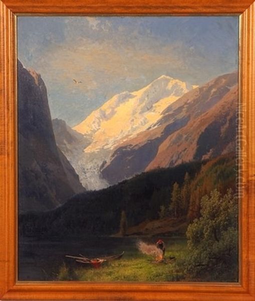 Valley Landscape With Mountains In Distance And Boater Along River Oil Painting by Hermann Herzog