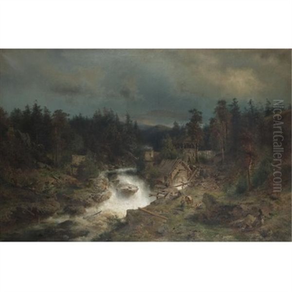 Old Mill At The Waterfall Oil Painting by Hermann Herzog