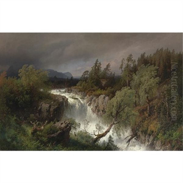 Bucks By A Rushing Waterfall Oil Painting by Hermann Herzog