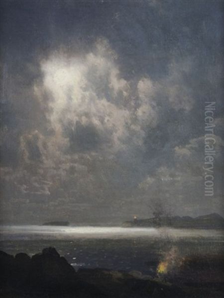 Moon Over The Bay Oil Painting by Hermann Herzog