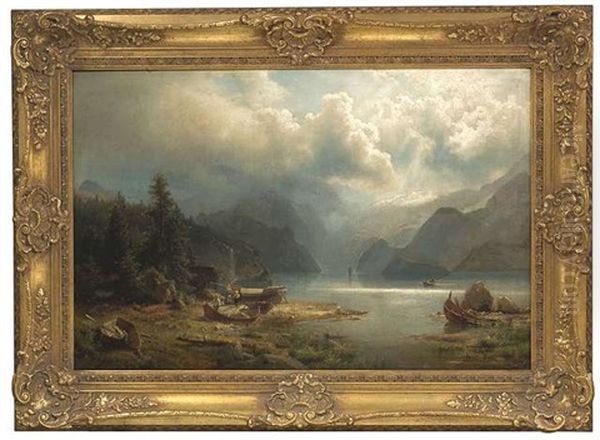 Wolkenverhangene Fjordlandschaft. Am Ufer Praparieren Fischer Ihre Boote Oil Painting by Hermann Herzog