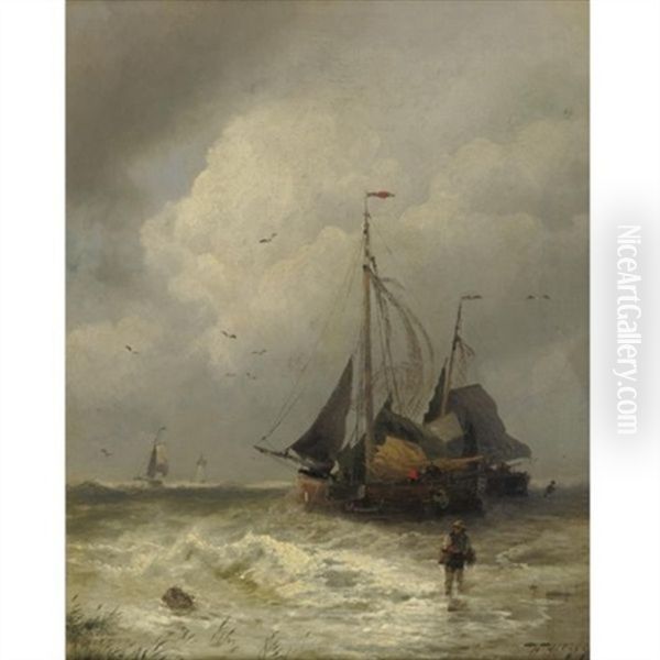 Fishing Boats At Scheveningen, Holland Oil Painting by Hermann Herzog