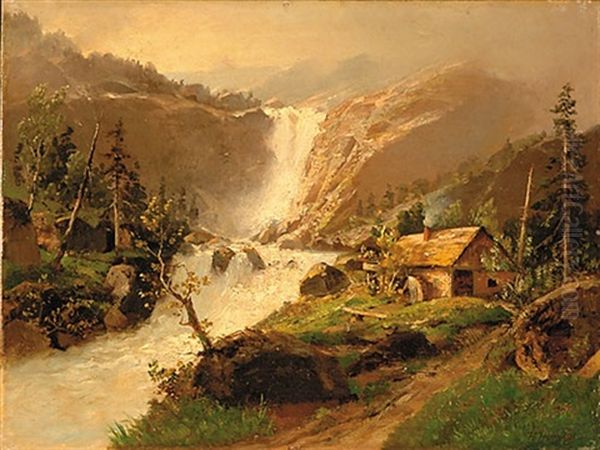 Waterfall In Mountain Landscape Oil Painting by Hermann Herzog