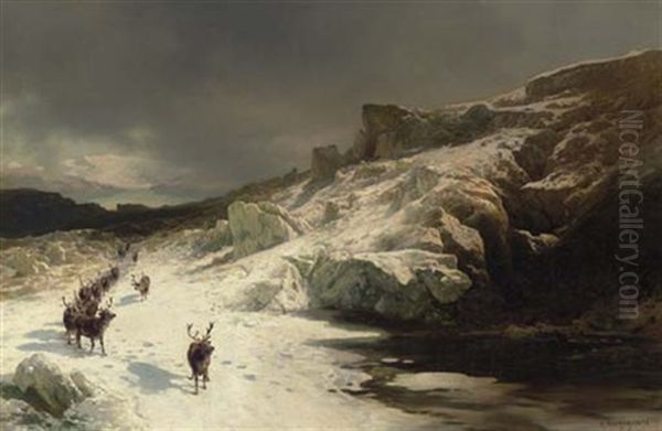 Elk In A Snowy Landscape Oil Painting by Hermann Herzog