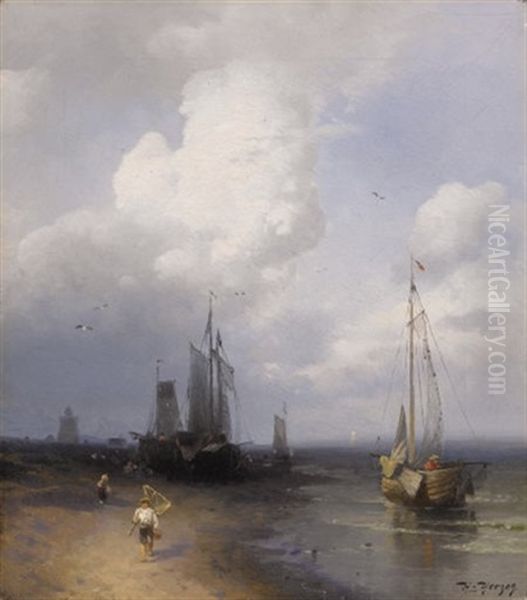 Dutch Coastal Scene Oil Painting by Hermann Herzog