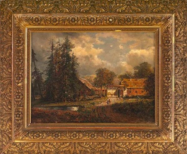 Veiw Of A Woodland Farm With Nearby Pond Oil Painting by Hermann Herzog