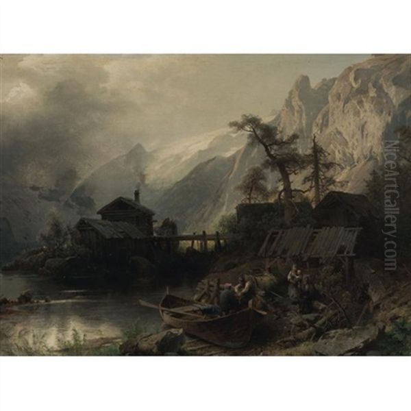 Norwegian Fishermen Oil Painting by Hermann Herzog