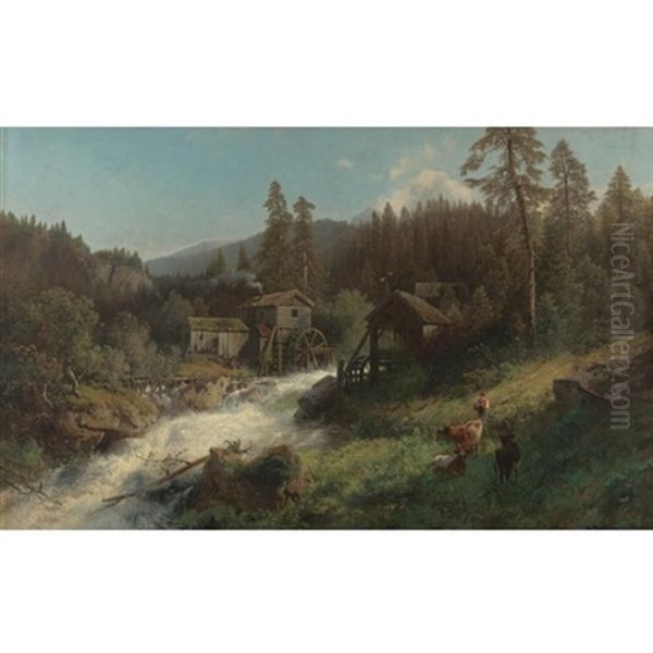 Wooded Landscape With Mills Oil Painting by Hermann Herzog