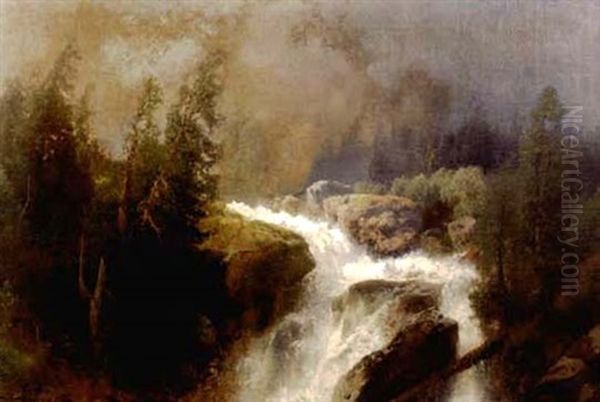 Waterfall In Hemsdalen Oil Painting by Hermann Herzog