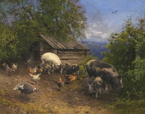 Barnyard Oil Painting by Hermann Herzog