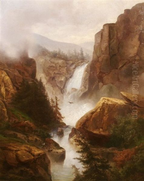 Waterfall In The Mountains Oil Painting by Hermann Herzog