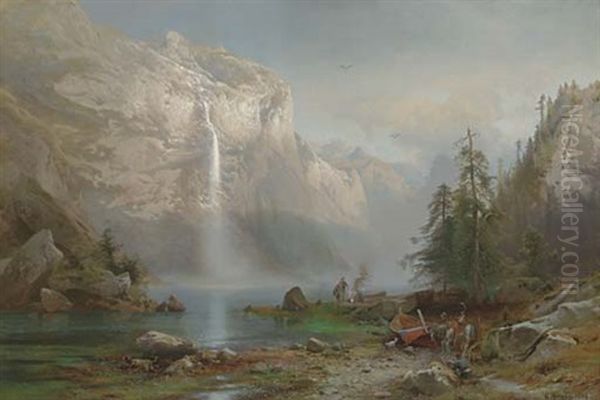 Mountain Lake Camp Oil Painting by Hermann Herzog