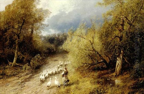 Girl With Geese Oil Painting by Hermann Herzog