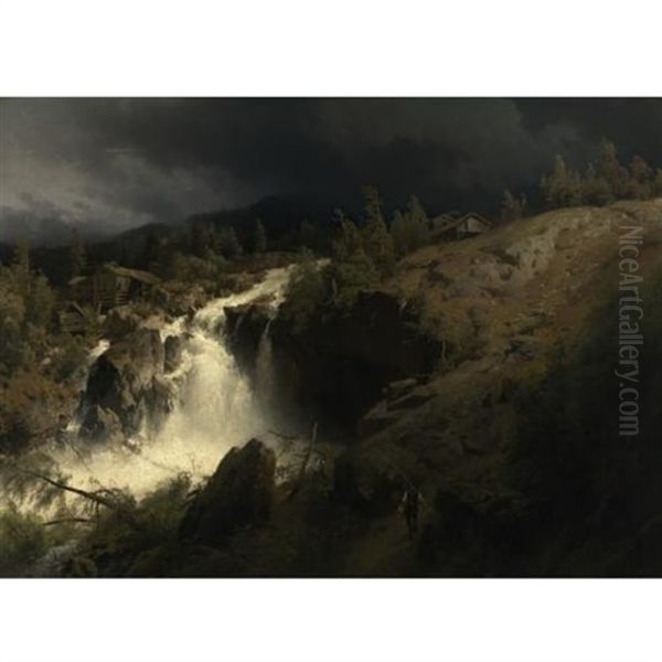 A Mountain Torrent Oil Painting by Hermann Herzog