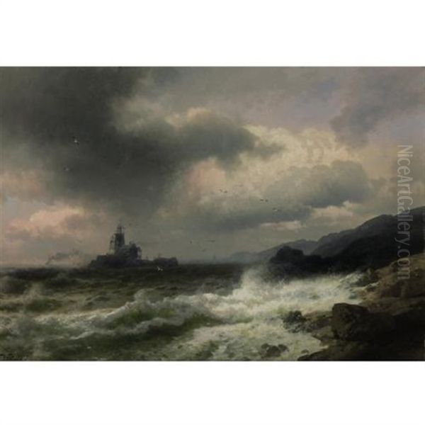 Saddle Rock Lighthouse, Maine Oil Painting by Hermann Herzog