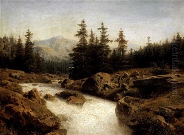 Wildbach Mit Jager Oil Painting by Hermann Herzog