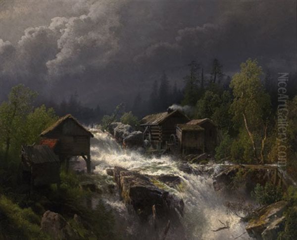 Squall Over The Old Mill Oil Painting by Hermann Herzog