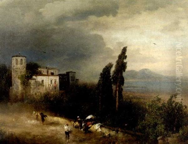 Italian Landscape With Figures Oil Painting by Hermann Herzog