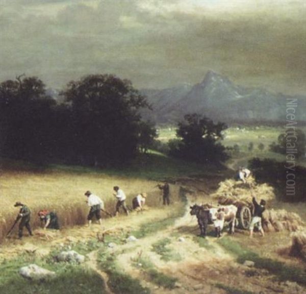 Wheat Harvesting Beside A River Oil Painting by Hermann Herzog