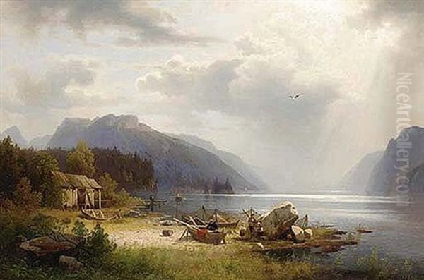 Fishing In An Alpine Lake Oil Painting by Hermann Herzog