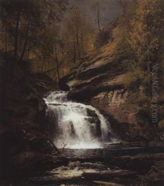 Forest Interior With Waterfall Oil Painting by Hermann Herzog